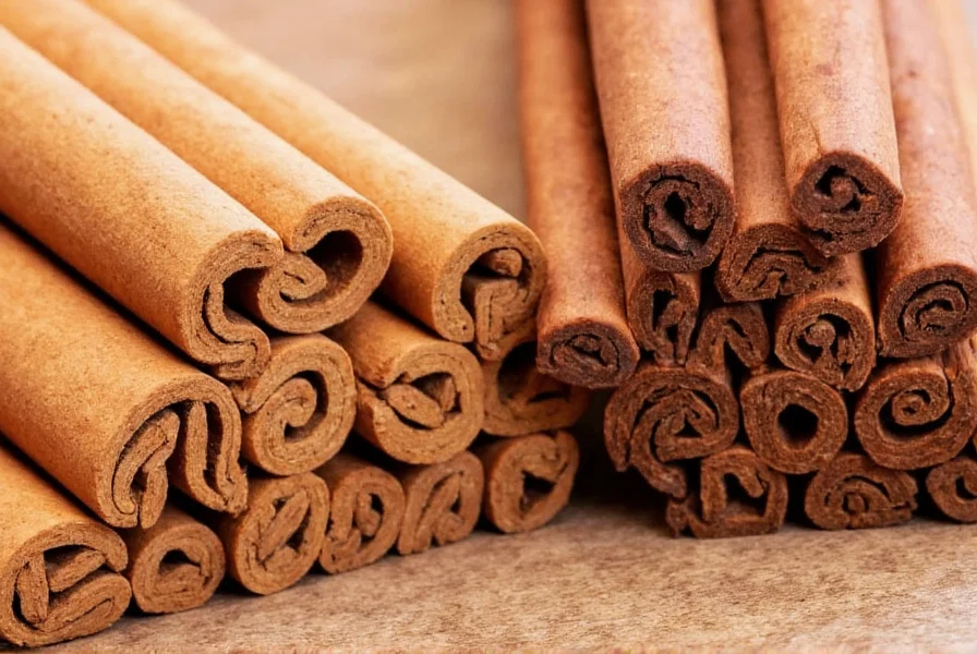 Close-up comparison of Ceylon cinnamon sticks versus Cassia cinnamon sticks showing the distinctive layered structure of Ceylon and solid structure of Cassia