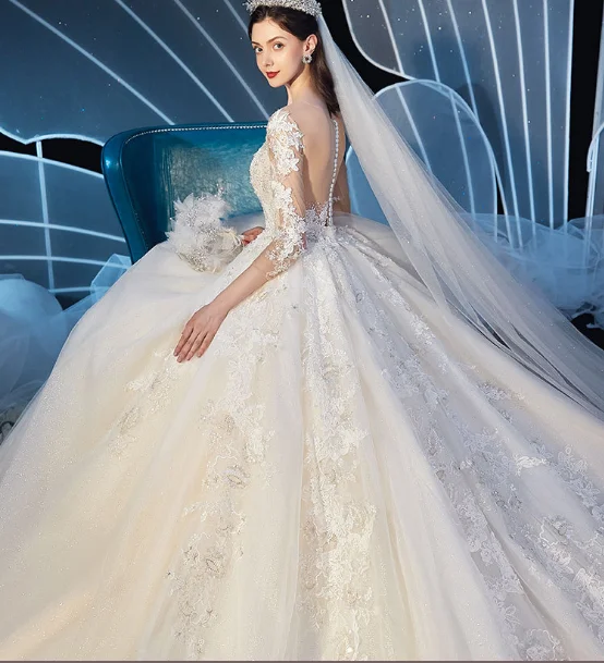 Latest 3/4 Long Sleeve Luxury Lace Ball Gown Princess Bridal Wedding Dress Gowns