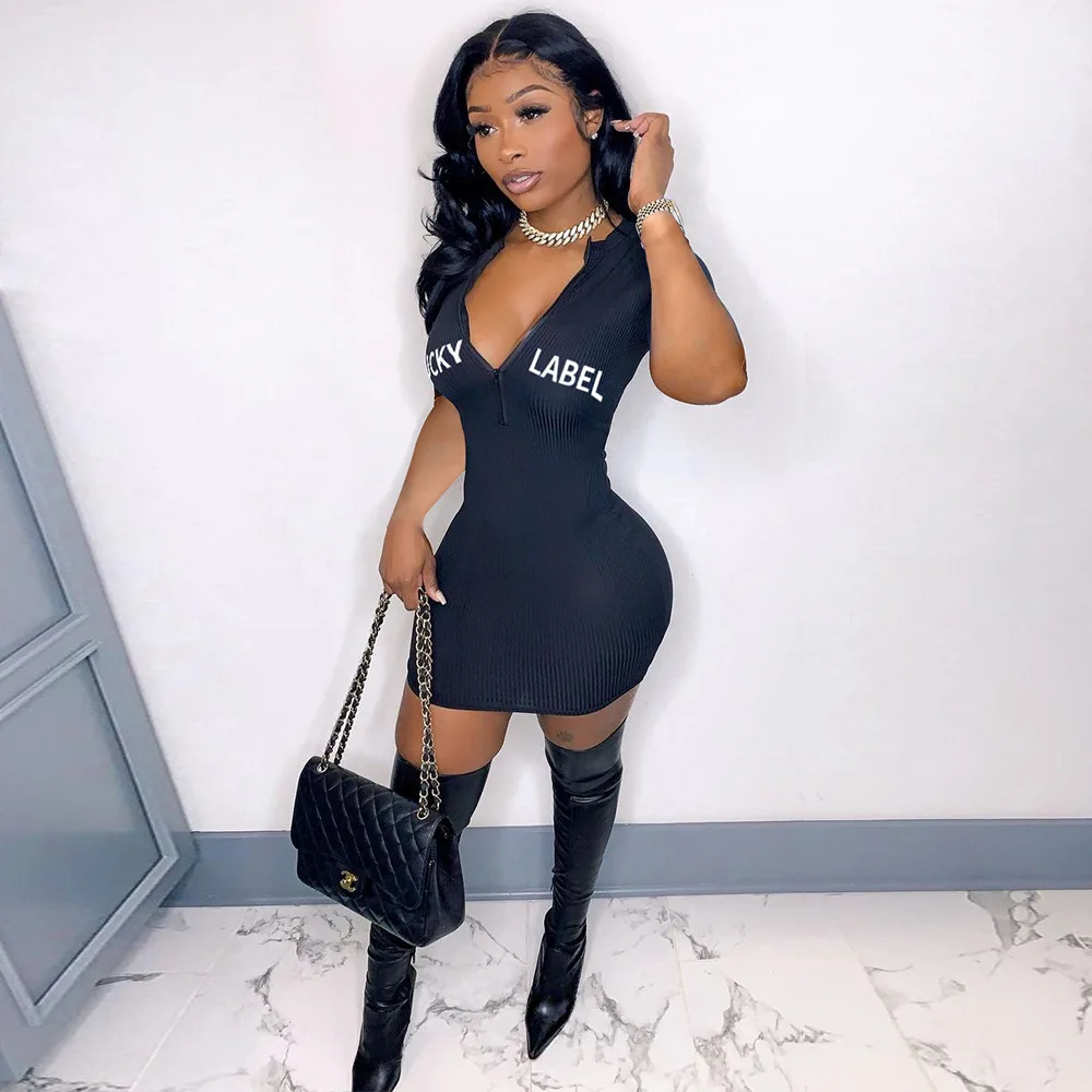 

Wholesale Summer Ladies Casual V Neck Short Sleeve Dresses Woman Ribbed Bodycon One Piece Women Simple Mini Dress, Shown