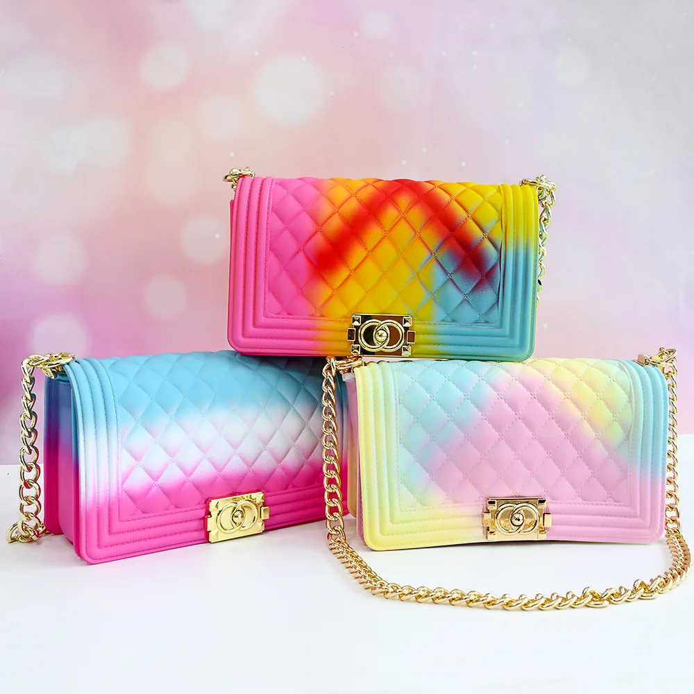 

2021 rainbow color jelly purse chain handbag for women Tote Bag, As picture