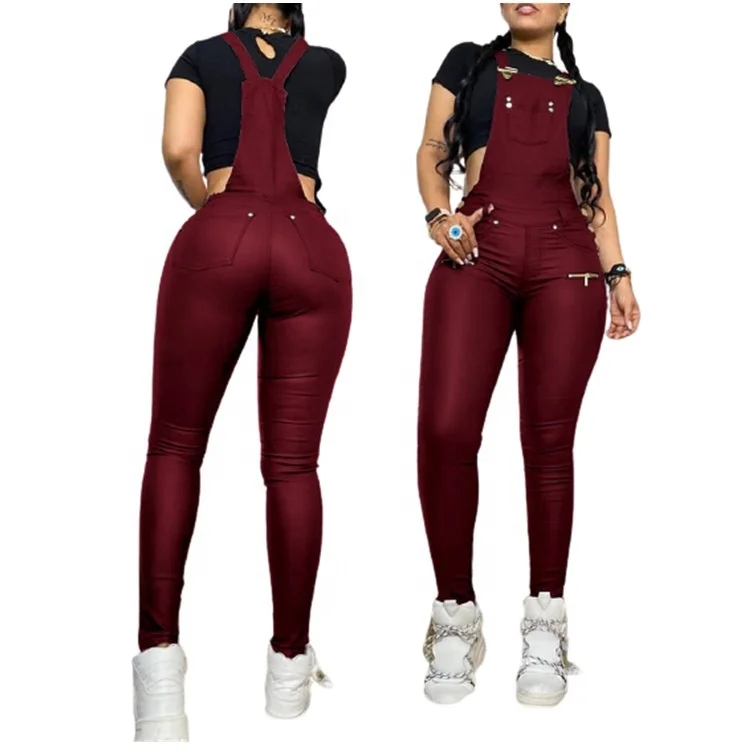 

XUYA hot sale Leather pu suspenders for women black leather overalls for women baggy overalls for women