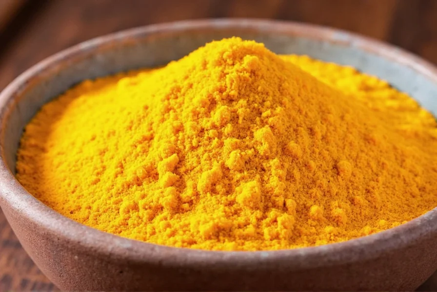 Chef's hands grinding fresh turmeric root with mortar and pestle on wooden cutting board