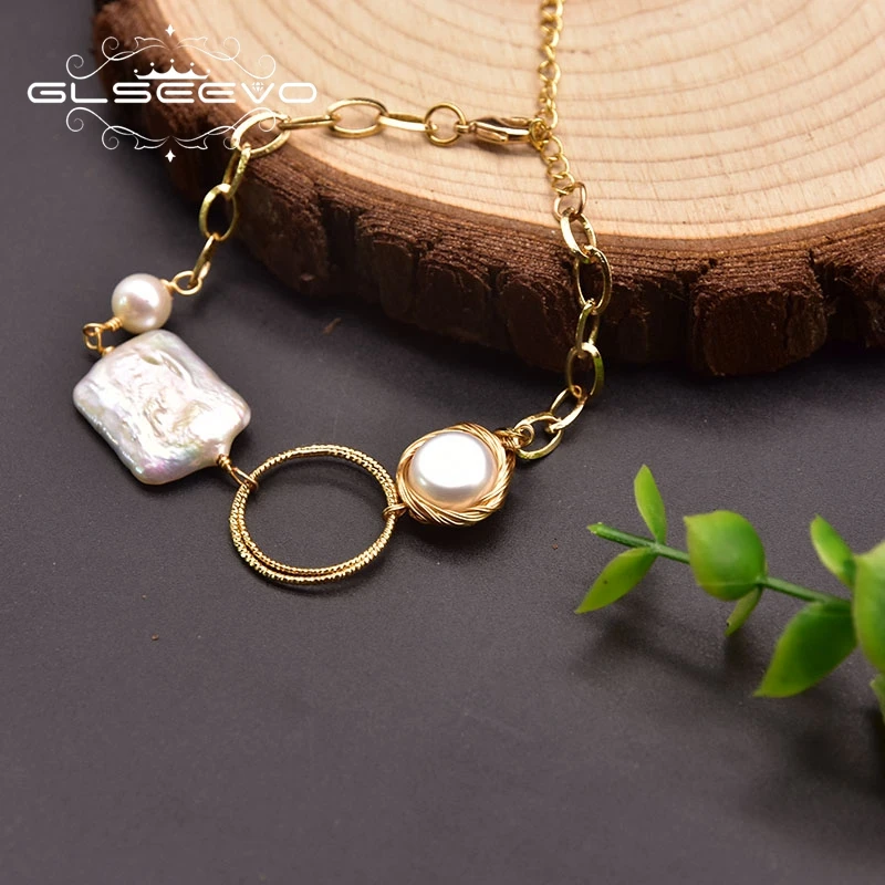 

New Fashion 18k Gold Plated Designer Women Bracelets & Bangles Geometric Natural Freshwater Baroque Bracelet Jewelry