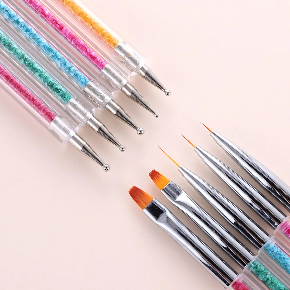 

5pcs/set Nail Art Two Head Brush Pen Stainless steel fiber Carving Brush Pen Sequins Acrylic Handle UV Gel Polish Drawing, Pink