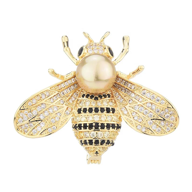 

XILIANGFEIZI New Designer Inspired Fashion Luxury Lapel Zircon Pearl Cute Insect Pin Bee Brooches For Women, Gold,silver