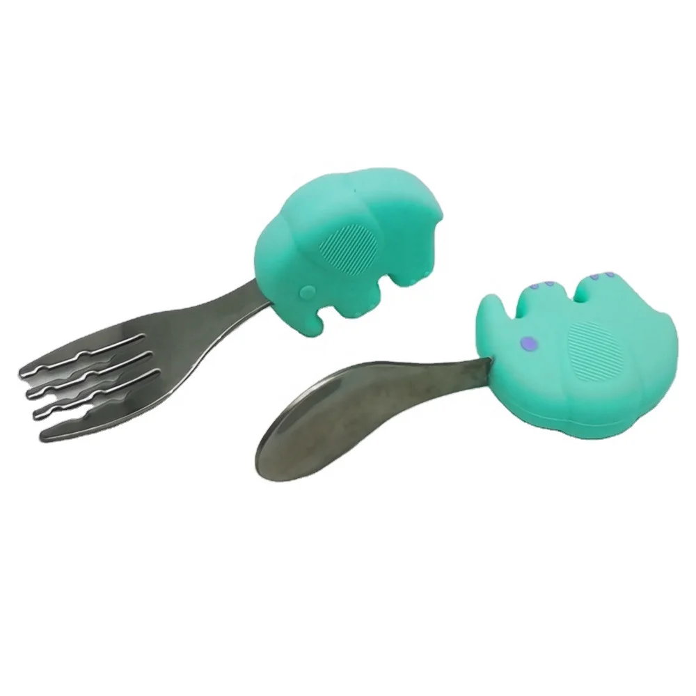 

Factory Direct Price Elephant Feeder Spoon Fork Set Silicone Stainless Steel Baby Feeding Spoons And Forks