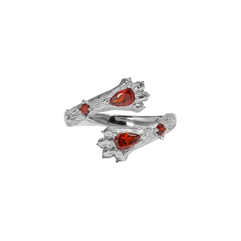 

S925 Sterling Silver Open Ring Lion's Claw Red Zircon Texture For Women