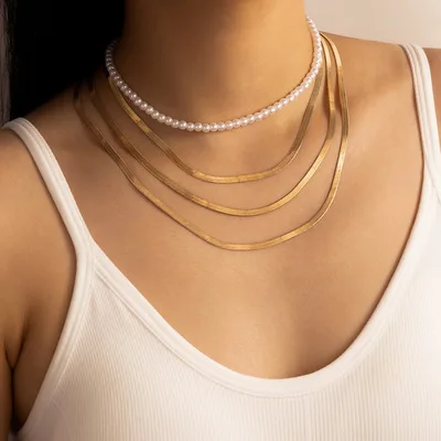 

Hip Hops Fashion Layered Snake Chain Pearl Beads Necklace 18K Gold Plated Snake Bone Chain Necklace For Women