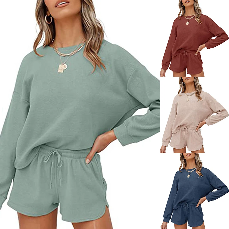 

Women Waffle Knit Pajamas Set Sleepwear Pj Sets long Sleeve top with shorts Pullover Nightwear Two-Piece Pyjamas set S-XXL