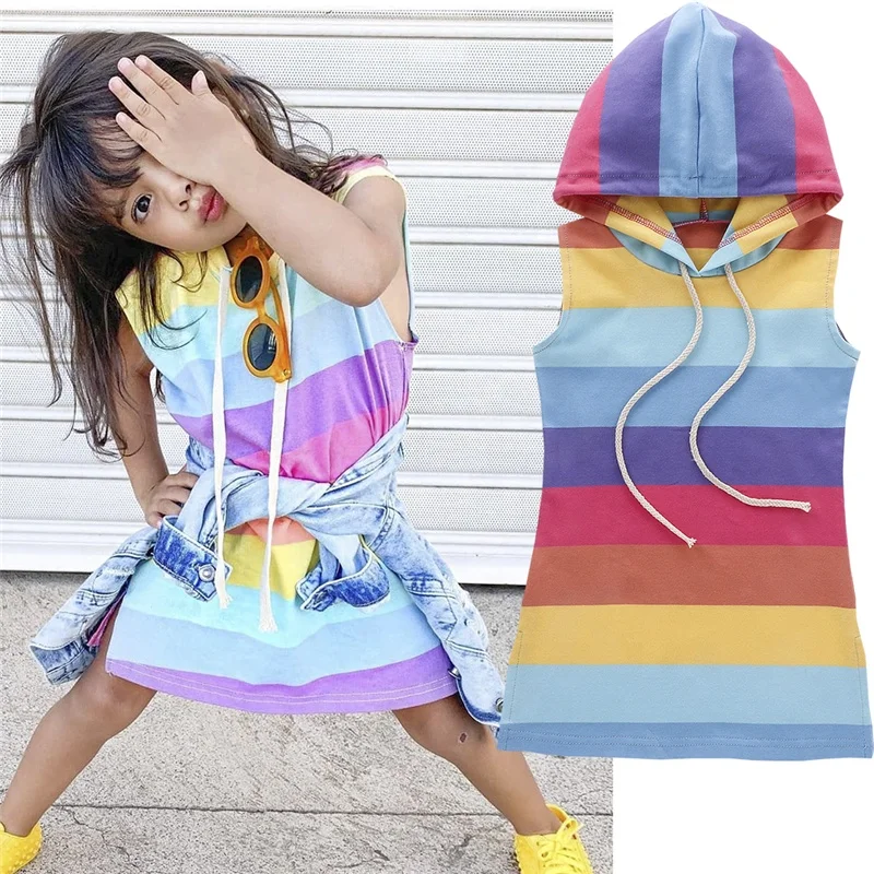 

Sweet Girl Summer Dress Kids Clothes Baby Rainbow Striped Sleeveless Hooded Dress