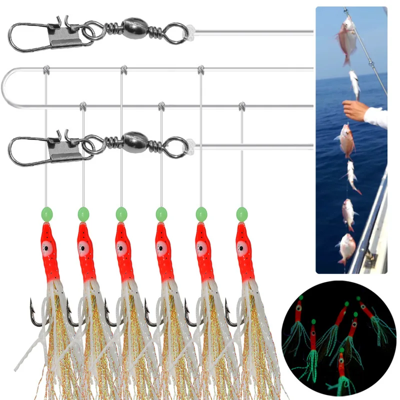 

SNEDA 6 Pcs/bag String Fishhook Sabiki Fishing Hook Bionic Fish Skin Lure with Luminous Beads Fishing Swivel Fishing Tackles