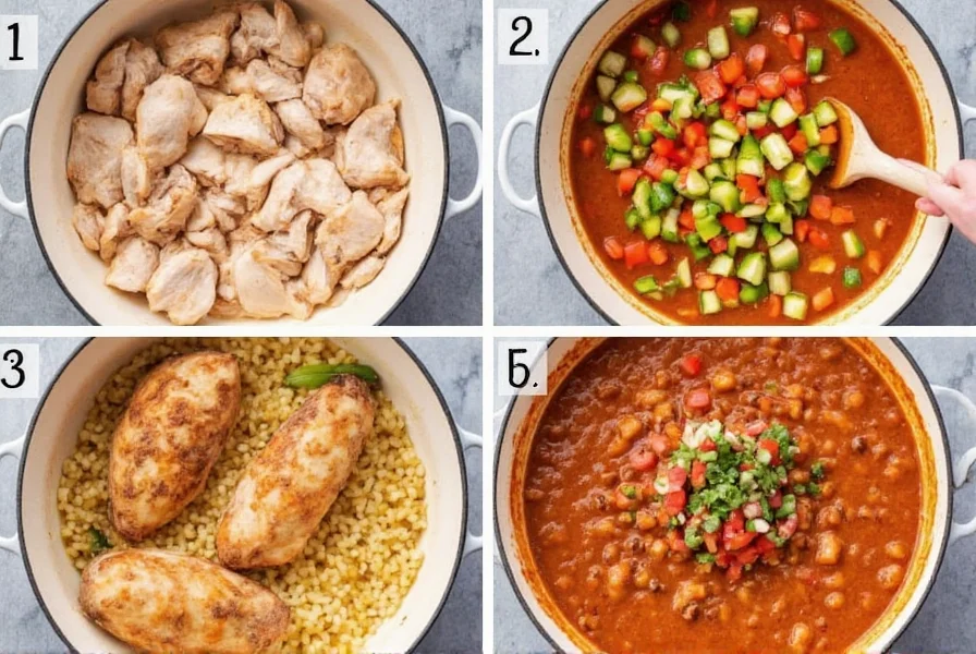 Step-by-step chicken chili preparation showing searing chicken, sautéing vegetables, and final bowl of chili with toppings