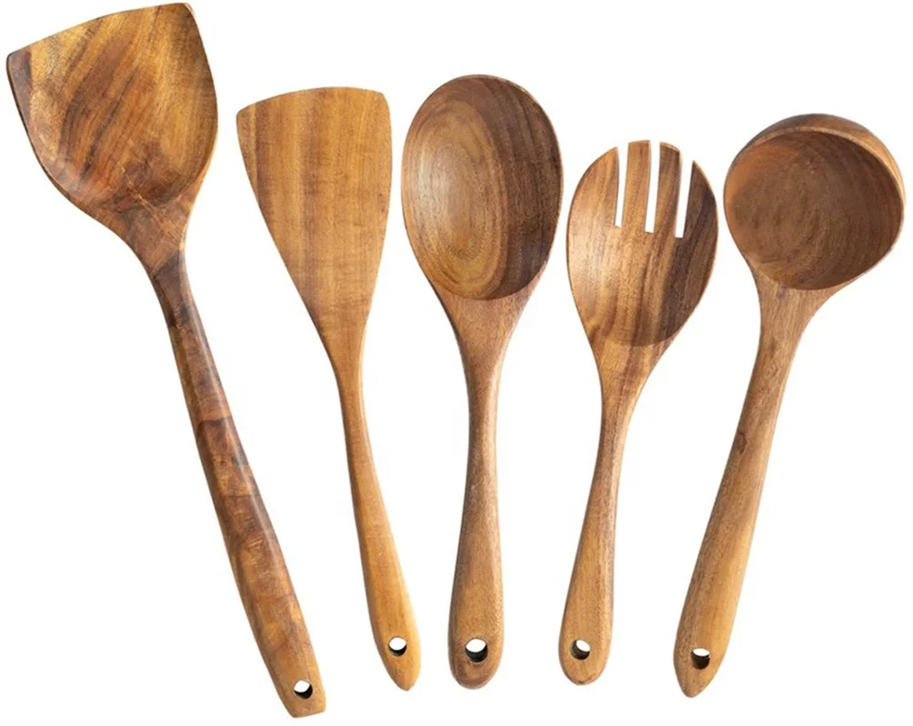 

5 Pcs Best Wooden Kitchen Utensils Set-Wooden Spatula- Cooking Ladle-Turner Paddle, Slotted Spoon, Cookware Tools