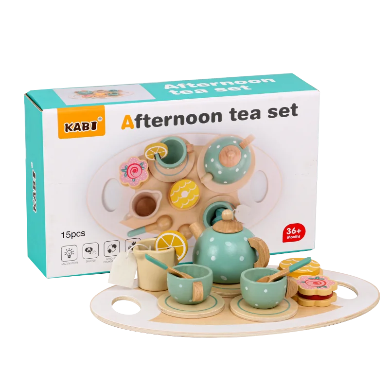

Pretend Play Preschool Wooden Kids Toys Tableware Play Set Afternoon Tea Dessert Cake Sales Tea Pot Cup Wooden Tea Set