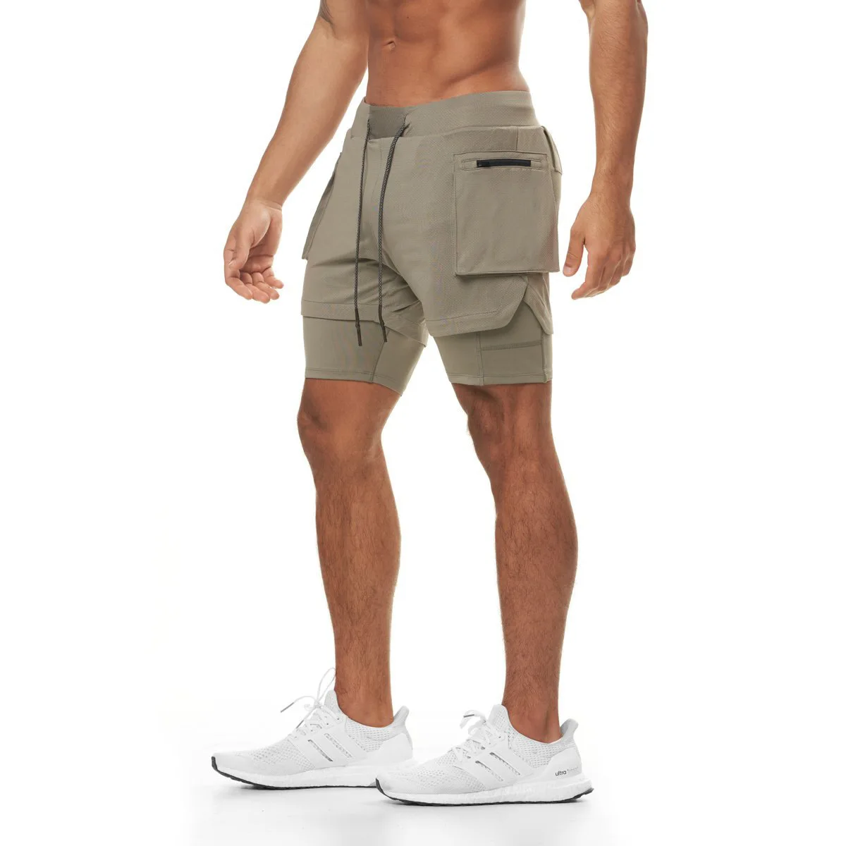 

High Quality Drawstring Running Workout Shorts With Side Cargo Pocket Men Gym Shorts With Compression Tights, As picture show