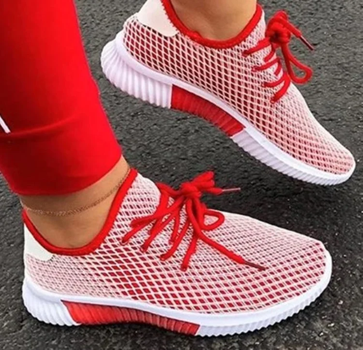 

2021 New Arrival Lace-Up Round Toe Net Low-Cut Upper Flat With Mesh Breathable Casual Running Sneakers, Red,black