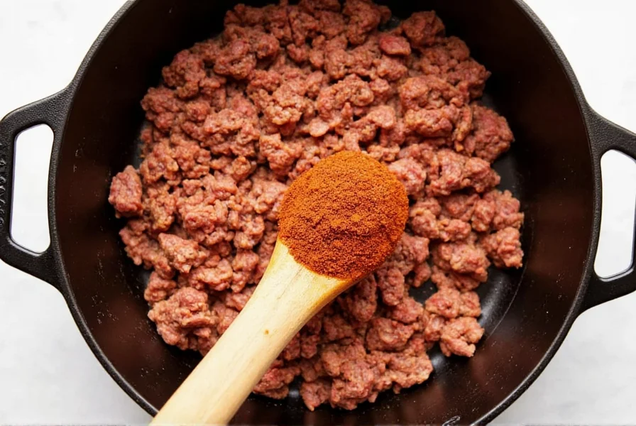 Professional chef blooming chili seasoning mix in cast iron pot with ground beef