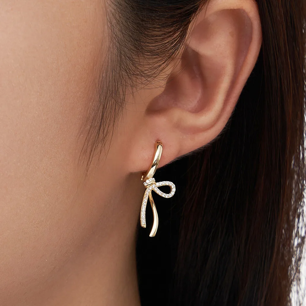 SE408 Dainty Bow Gold Plated Earrings CZ Bow-tie Ribbon Delicate Hoop Earrings Trendy Silver Non Tarnish Earrings for Women
