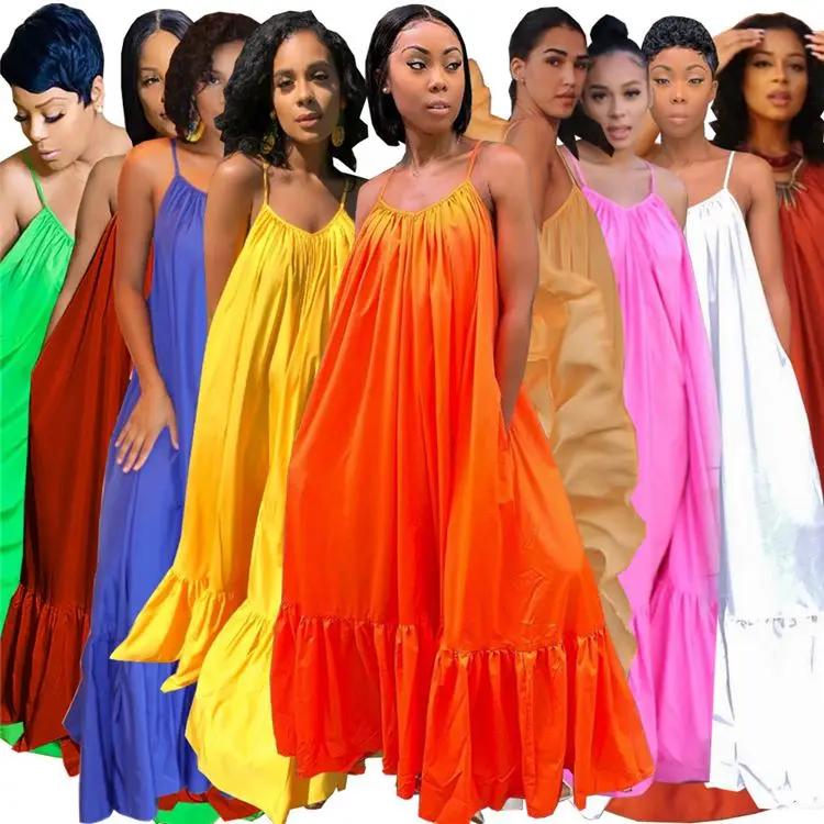 

CK High Quality 2021 Summer Sexy Solid Color Plus Size Casual Dress Women Clothing Spaghetti Strap Oversized Loose Maxi Dresses