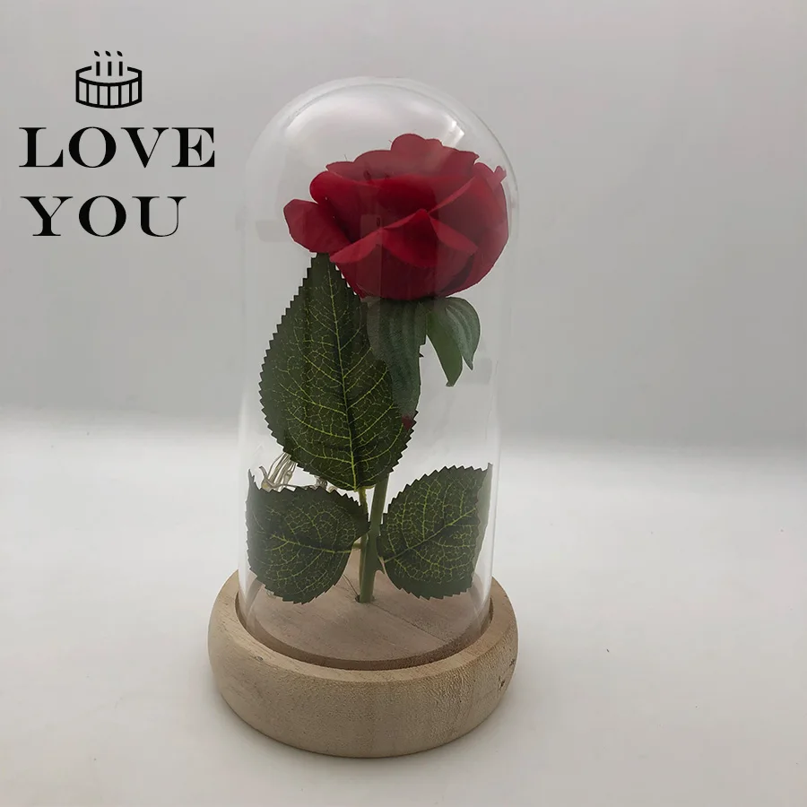 

glass Rose Beauty and the Beast preserved eternal Red Roses Flower in Glass Dome with Led Light Flower for valentine gift