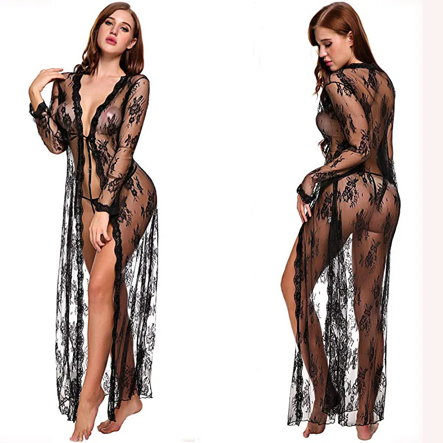 

Wholesale Nighty Sexy Lingerie Mesh See Through Long Sleeved Lace Nightdress With Thong Lingerie Night Gown, As picture shown