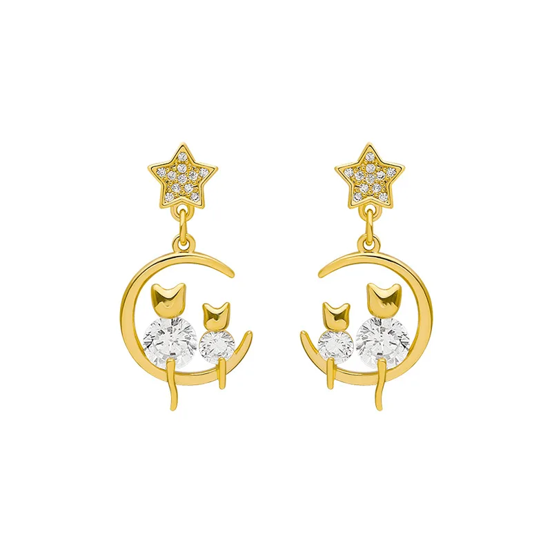 

Ins Korean Zircon 925 Silver Needle Star Drop Earrings Tik Tok Cute Gold Plated Cat Earrings for Women