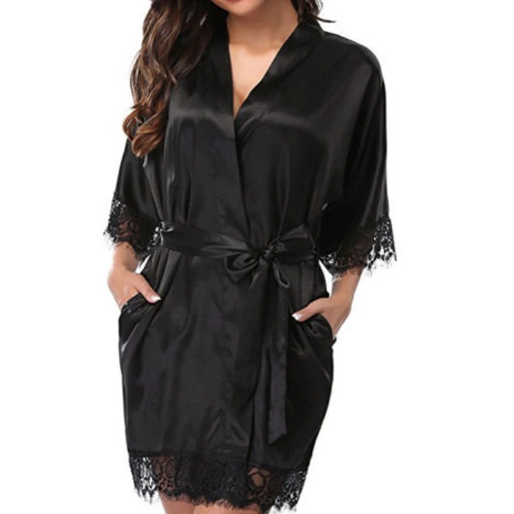 

Luxury designer women satin lace sexy robes long pajamas silk Robe in bulk