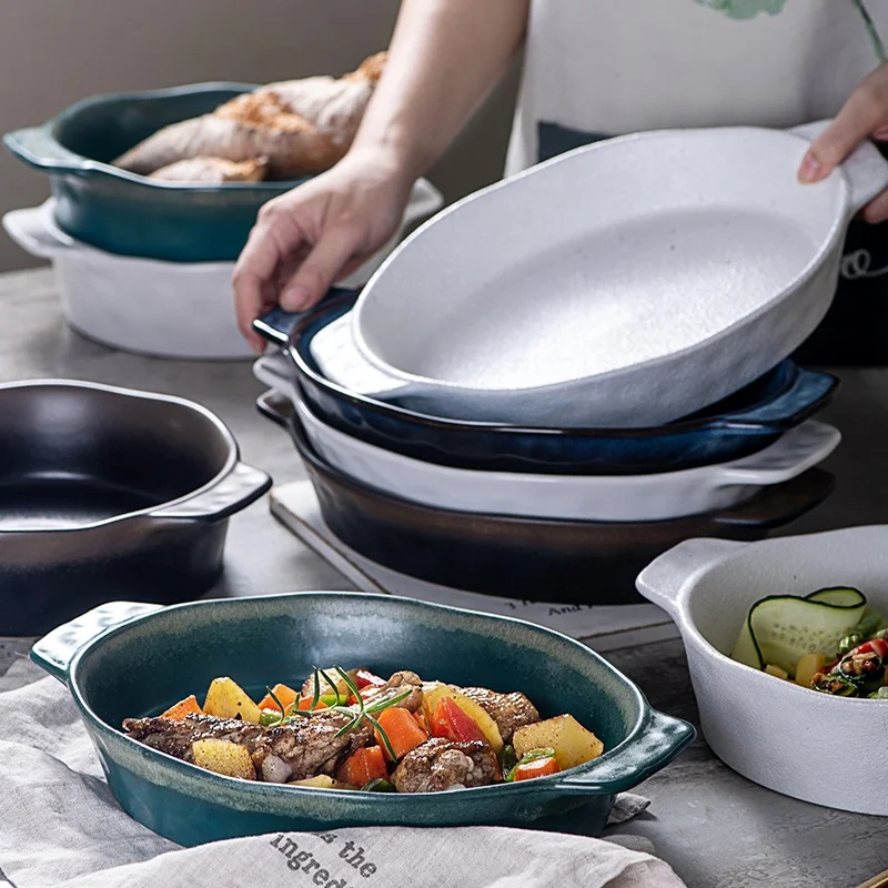 

Good Quality Nordic Style Kiln Change Household Tableware Pasta Plate Round Oval Binaural Dish Pizza Bake Pan Ceramic Bakeware, As the picture shows