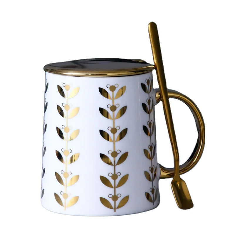 

Wholese Light Luxury Golden Ears Of Wheat Porcelain Office Coffee Milk Tea Breakfast Gift Mug With Lid And Spoon, Green,light black,matte black,white