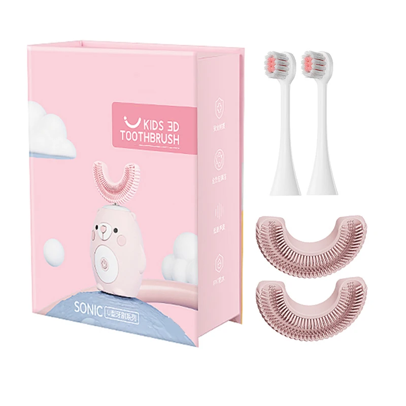 

LULA Best Ultrasonic Automatic Children U Shaped Electric Toothbrush 4 Heads Electric Toothbrush for Kids 3-12 years, Pink, bule