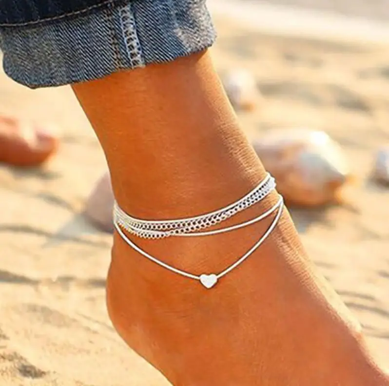 

New fashion style beach love multi-layer anklet Bohemia heart-shaped peach heart double-layer anklet female