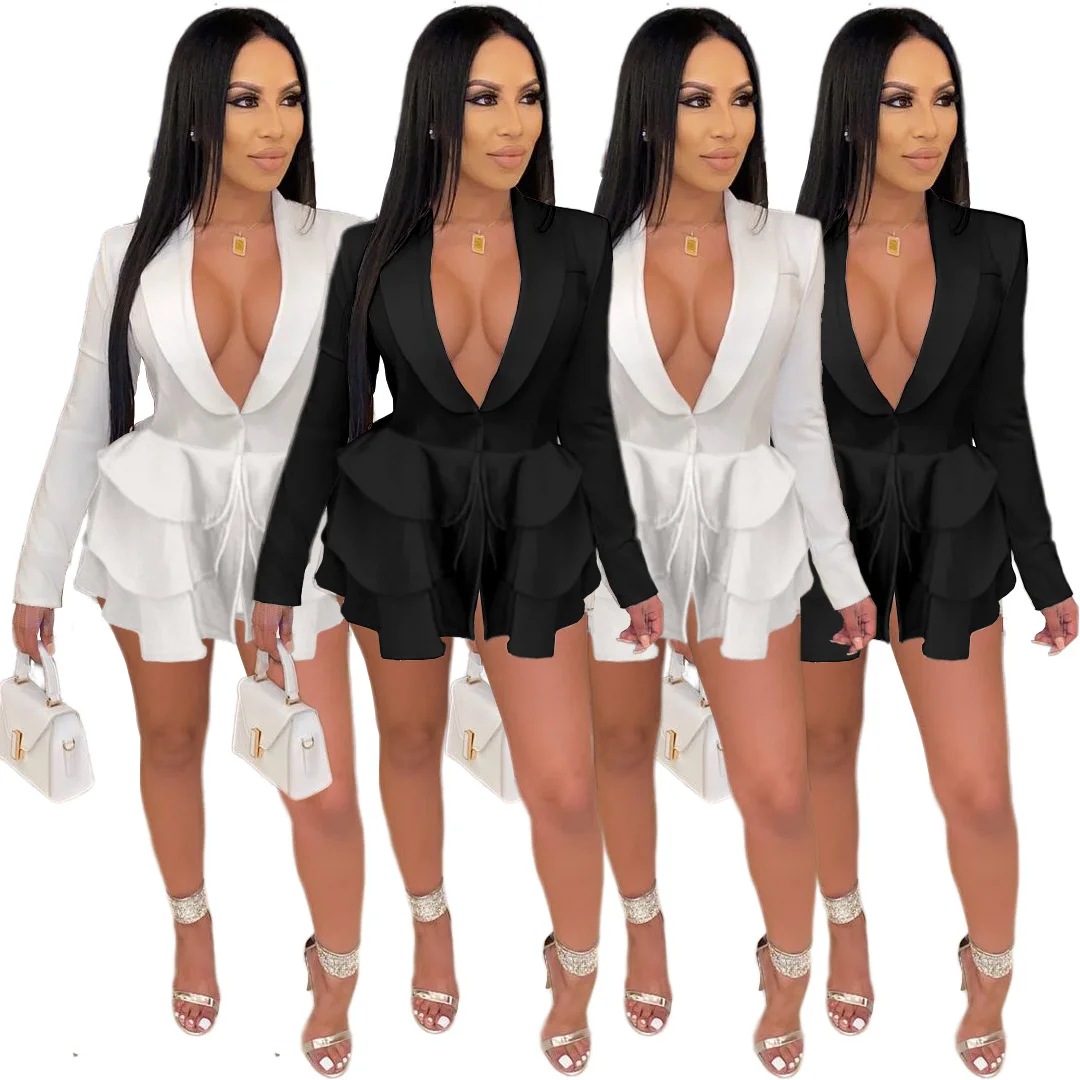 

High Quality M01123 - fashion solid color v neck ruffles women suit jacket