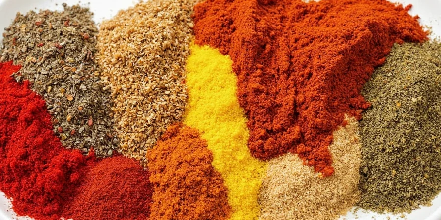 Mexican spice rack with various dried chiles and seeds