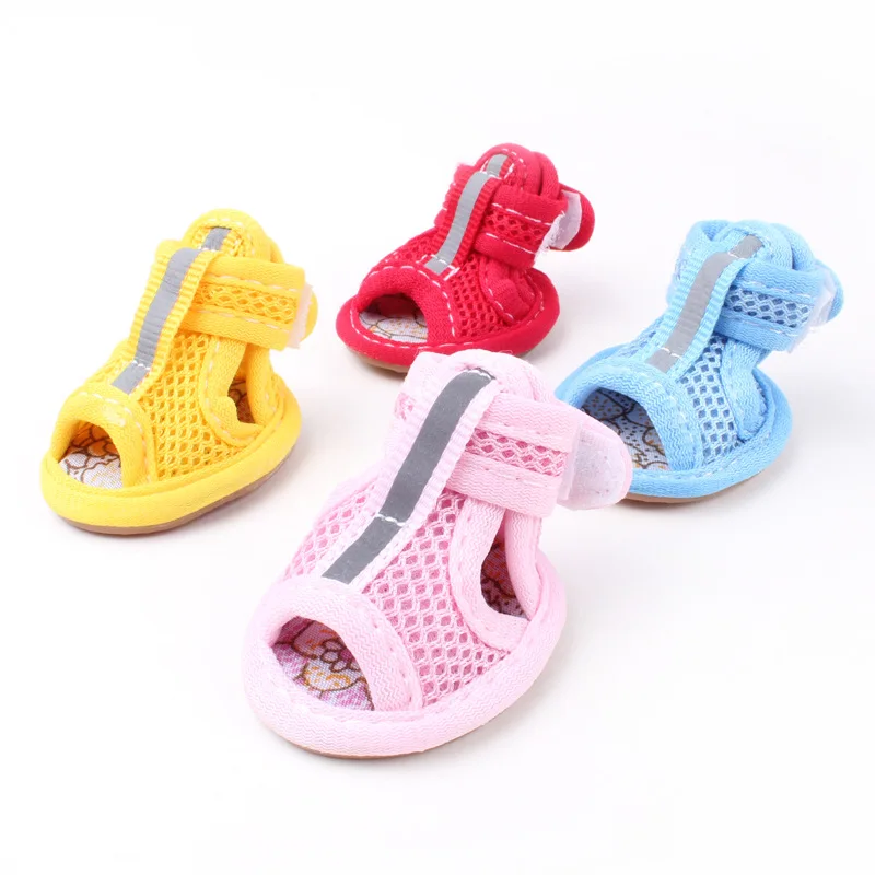 

4pcs Cute Pet Dog Mesh Sandals Summer Breathable Summer Dog Shoes Casual Anti-Slip Sneakers Soft Mesh Sandals Small Dog Shoes, Multicolor