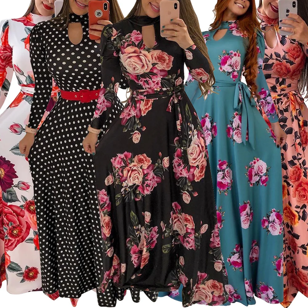 
Plus size women clothing floral print long sleeve casual maxi dresses 