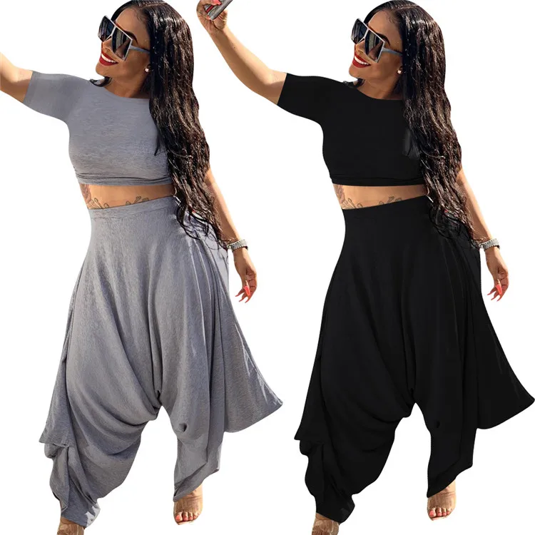 

Casual Solid Color Harem Pants Plus Size Two Piece Set Two Piece Pants Set Outfits Women Two Pieces Sets Black Outfits, Black/gray