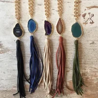 

LS-D3978 Wholesale Handmade Boho Fashion Jewelry Gold Plated Chain Agate Slice Pendant Leather Tassel Necklaces