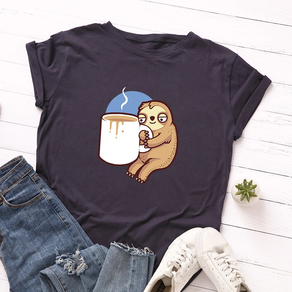 

12 Colors Women Cartoon Sloth Printing T Shirt 100% Cotton T-shirt Women O Neck Plain Short Sleeve Causal Tshirts, Picture