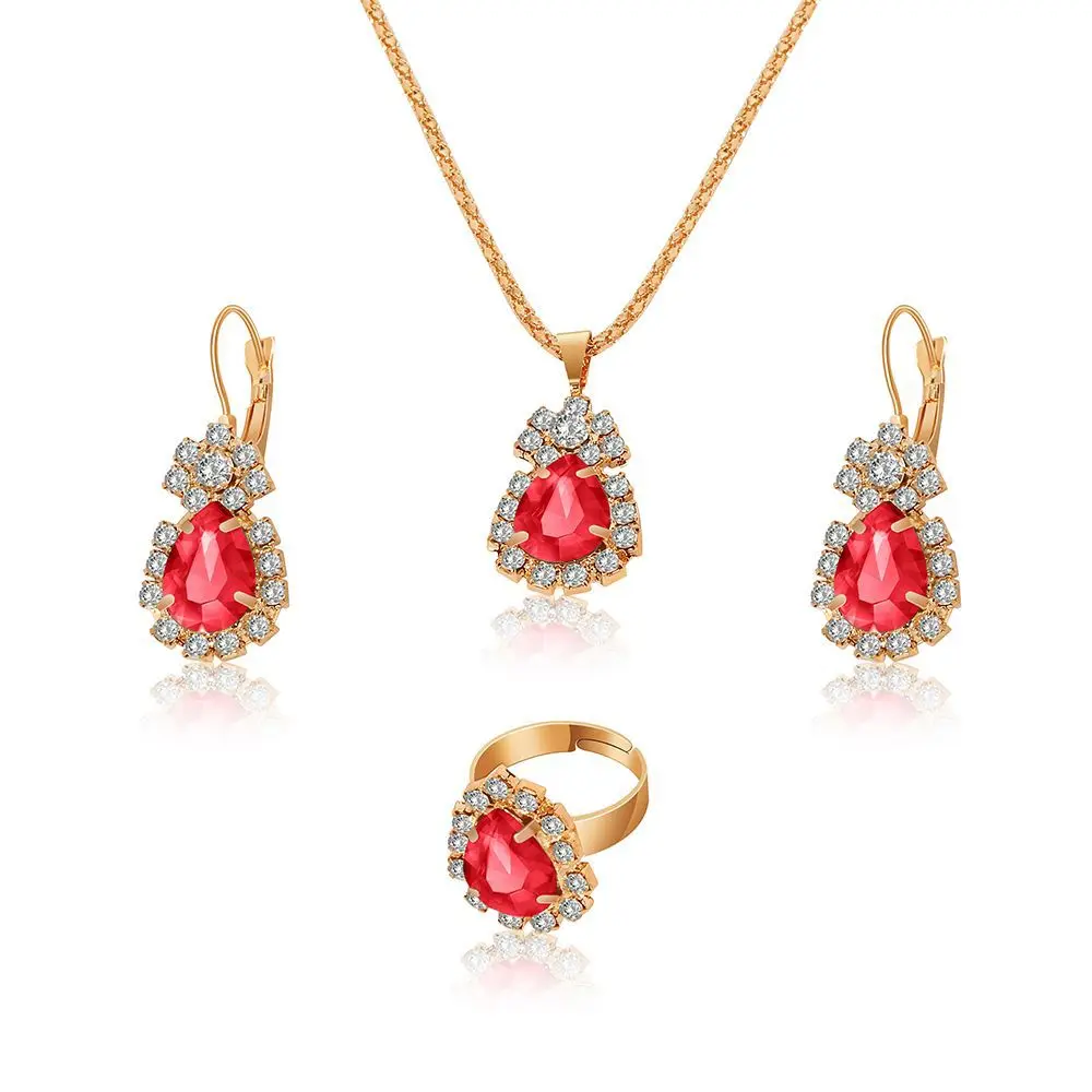 

Manufacturers Fashion Christmas Gift Ins Water Drop Full Diamond Necklace Earrings Ring Set Shiny Bridal Jewelry Set Jewellery