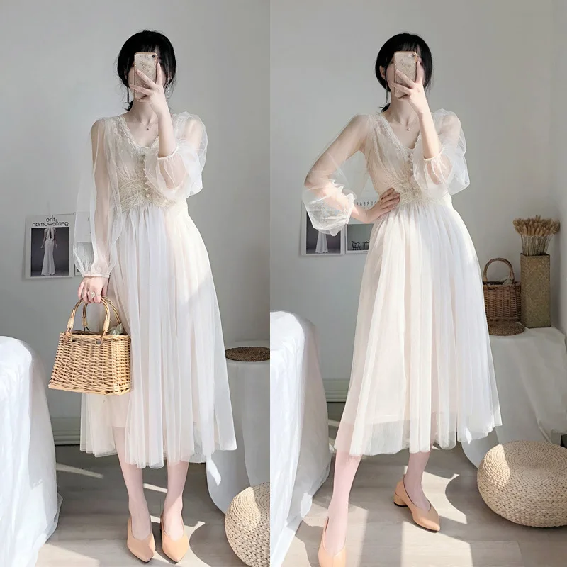 

2019 new summer mesh long skirt gentle skirt fairy super fairy sweet Mori long temperament dress