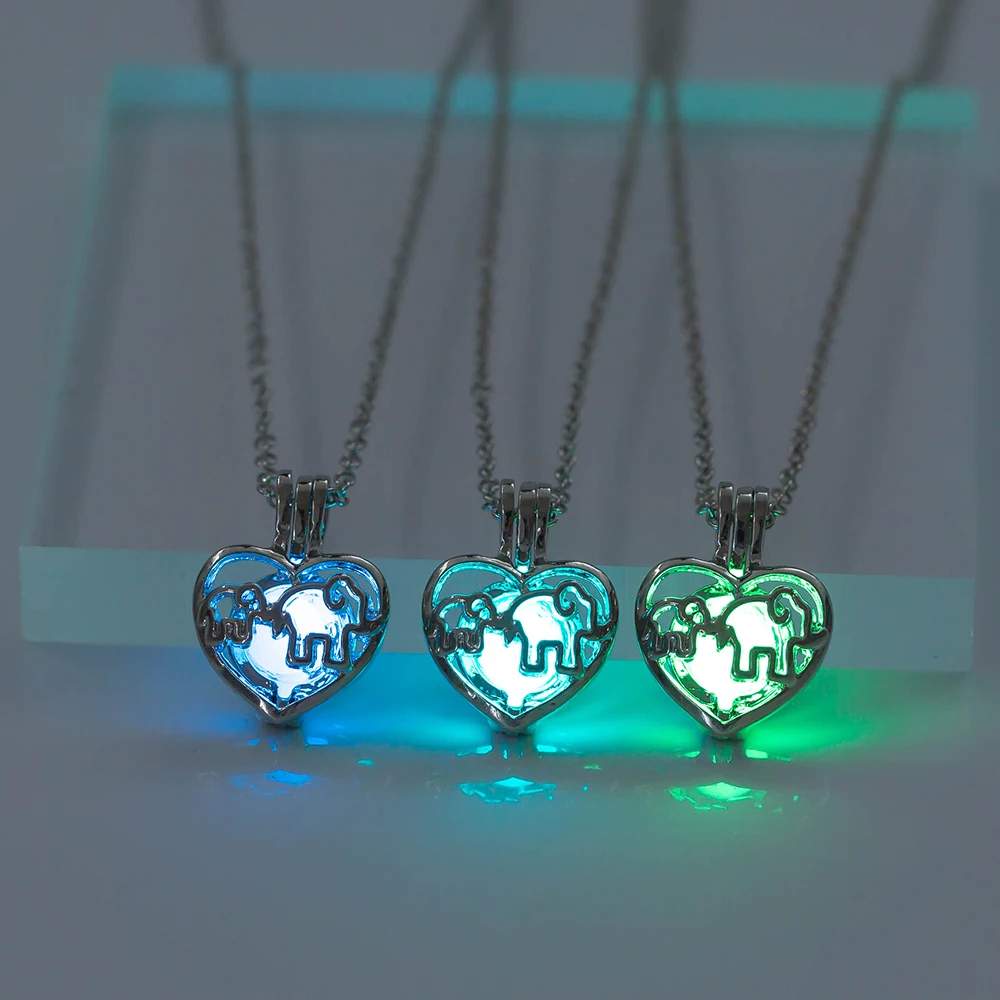 

DIY Locket Glowing Necklaces Luminous Bead Elephant Heart Pendant Glow In The Dark Necklace Men Halloween Silver Women Jewelry