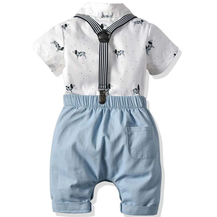 Summer children clothing sets woven cotton puppy print baby boys short sleeve romper strap shorts suits