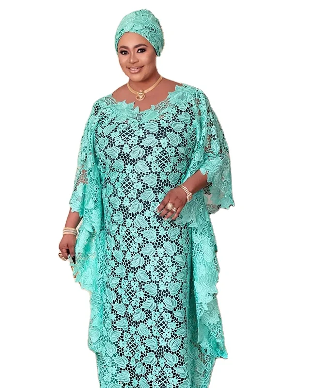 

Women Muslim dress 2022 summer african Long green lace dress with scarf, As showed