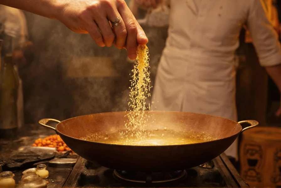 Indian chef adding asafoetida to hot oil in traditional cooking pot
