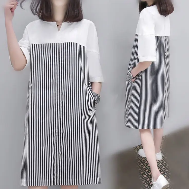 

New Fashion Women Dress Summer Short Sleeve Striped Dress Girl Loose Casual Matching Clothing Little V-neck Dresses