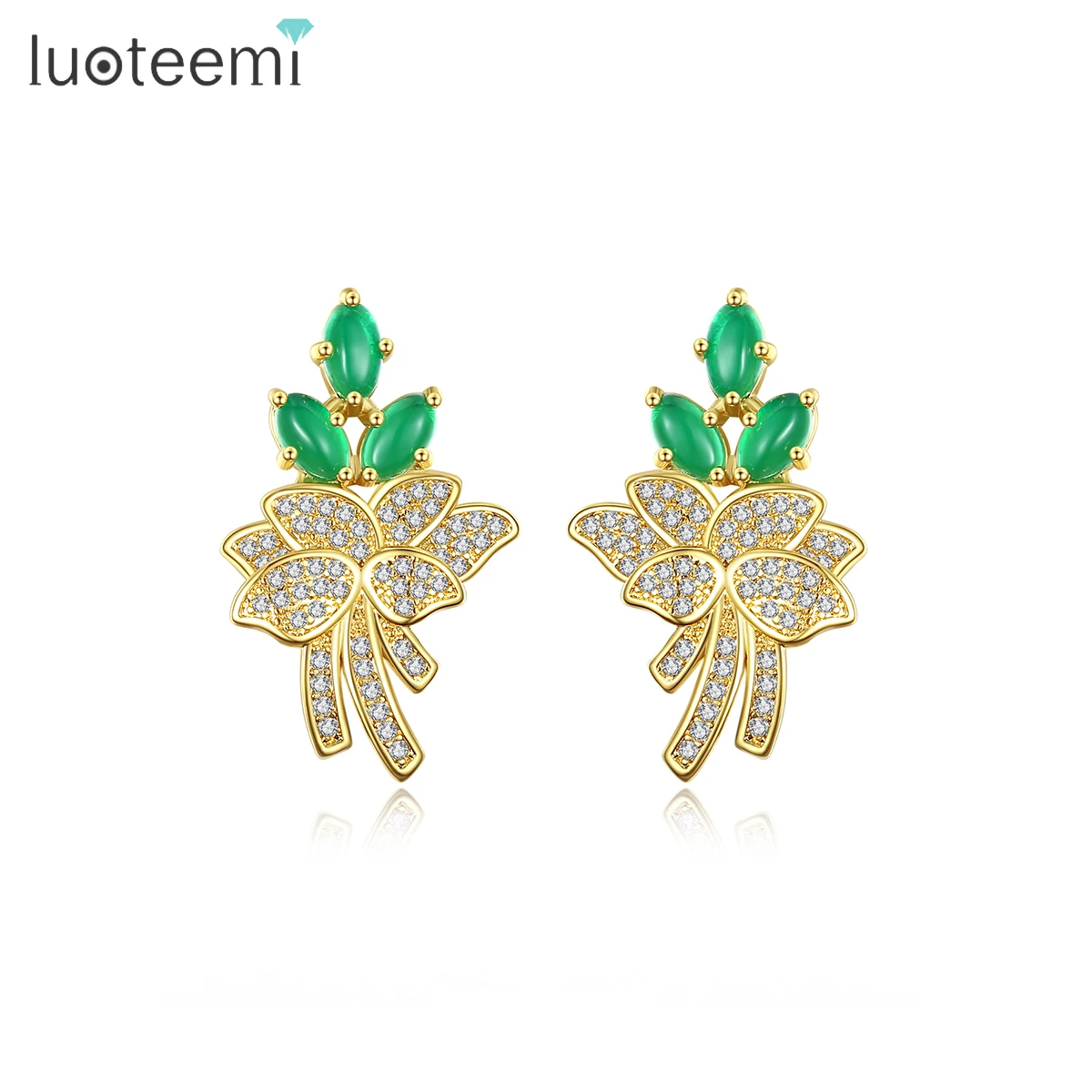 

LUOTEEMI Flower Gold Woman Designer Bohemian Zircon Lady Earing Luxury Design Jewelry Moonstone Earring