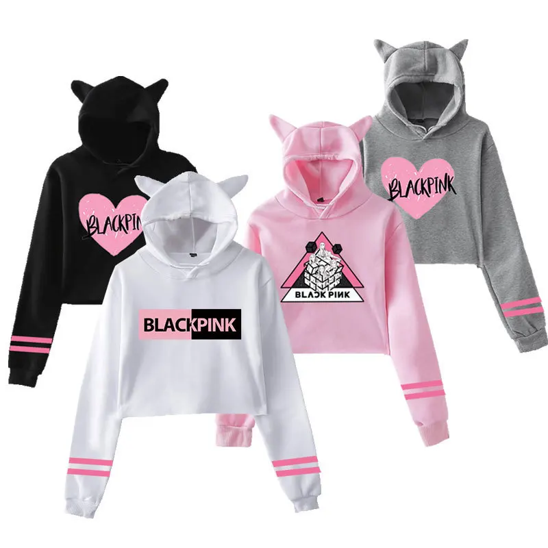 

Cat Ears Cropped Short Sweater Women Blackpink Jennie Jisoo Lisa Rose Hoodie Pullover Clothes, Picture shows
