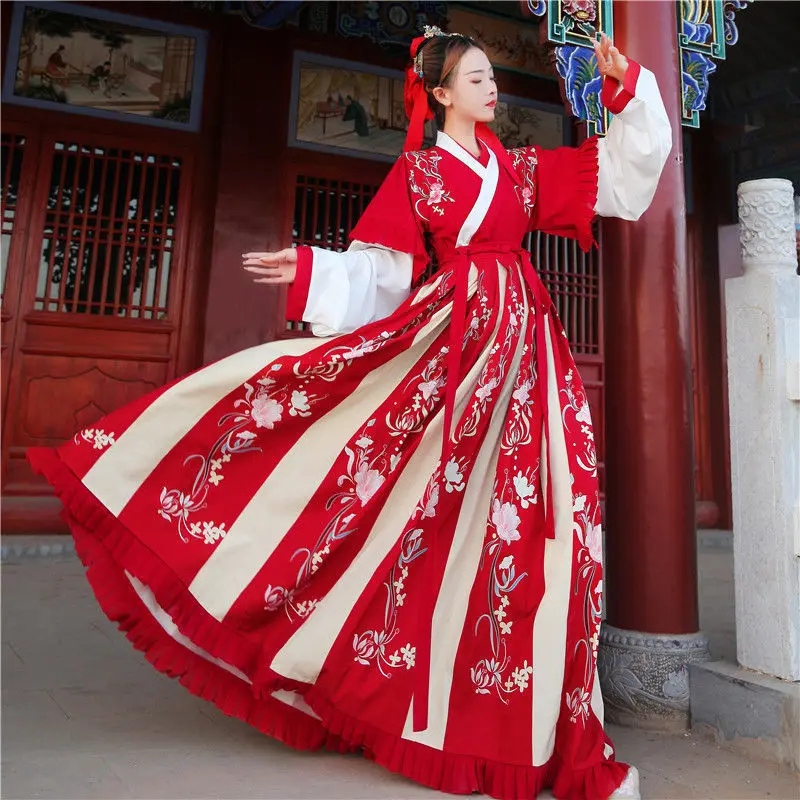 

New summer Jin Hanfu Female Adult Traditional Ancient Wear Suoxian Heavy Industry Embroidery Cross collar Half Arm Waist-length, Blue jacket + undercoat + skirt, red jacket + undercoat + skirt