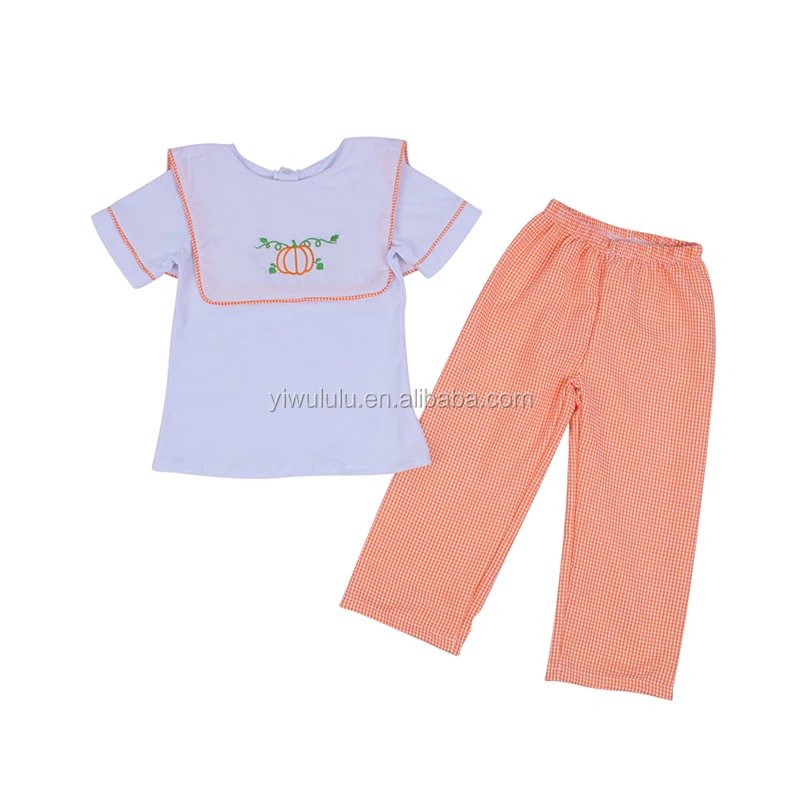 

Baby Girl Halloween Pumpkin Outfit Short Sleeve Orange Embroidery Design Kids Outfit