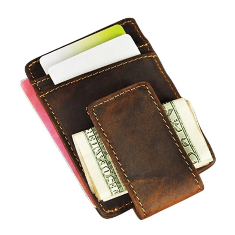 

Boshiho Crazy Horse Leather Style Genuine Leather RFID Credit Card Holder With Money Clip Magnet Magnetic card holder